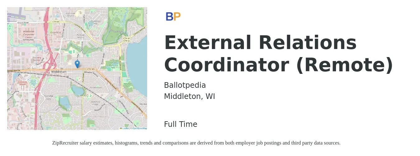 Ballotpedia job posting for a External Relations Coordinator (Remote) in Middleton, WI with a salary of $40,100 to $59,200 Yearly with a map of Middleton location.