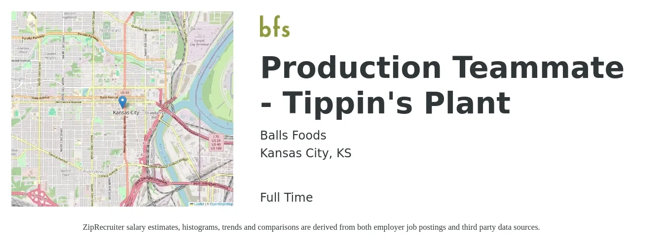 Balls Foods job posting for a Production Teammate - Tippin's Plant in Kansas City, KS with a salary of $14 to $18 Hourly with a map of Kansas City location.
