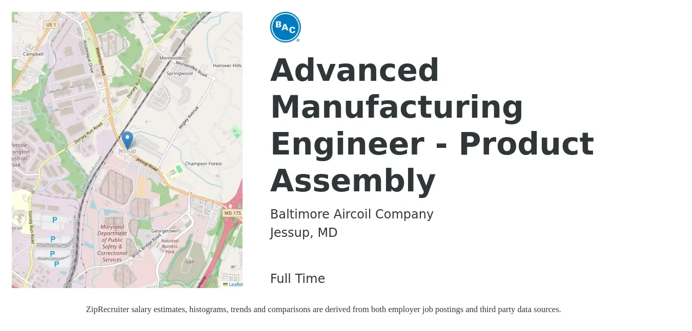 Baltimore Aircoil Company job posting for a Advanced Manufacturing Engineer - Product Assembly in Jessup, MD with a salary of $38 to $44 Hourly with a map of Jessup location.