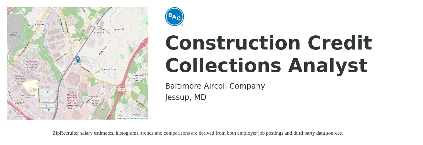 Baltimore Aircoil Company job posting for a Construction Credit Collections Analyst in Jessup, MD with a salary of $24 to $33 Hourly with a map of Jessup location.