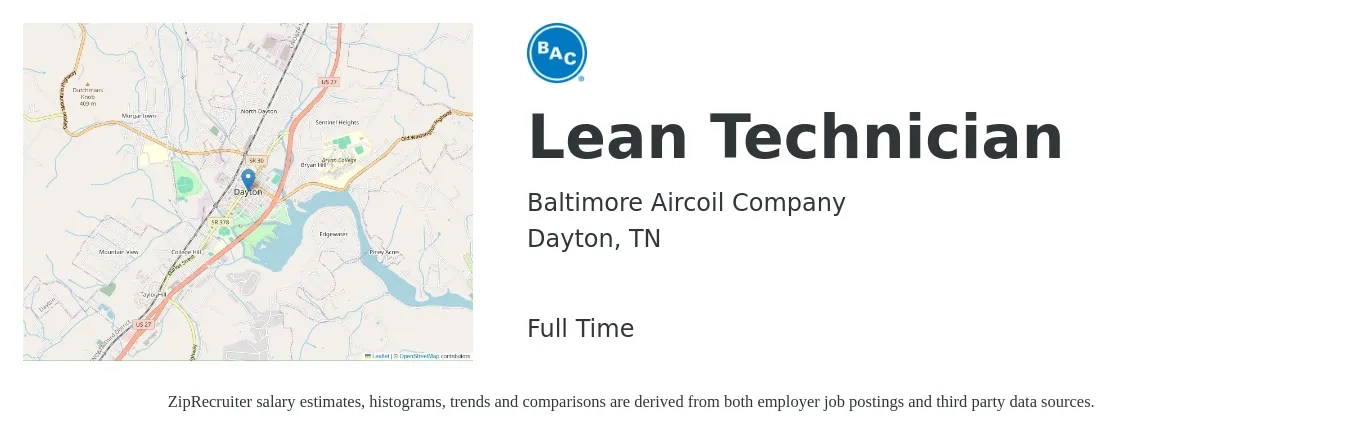 Baltimore Aircoil Company job posting for a Lean Technician in Dayton, TN with a salary of $21 to $30 Hourly with a map of Dayton location.