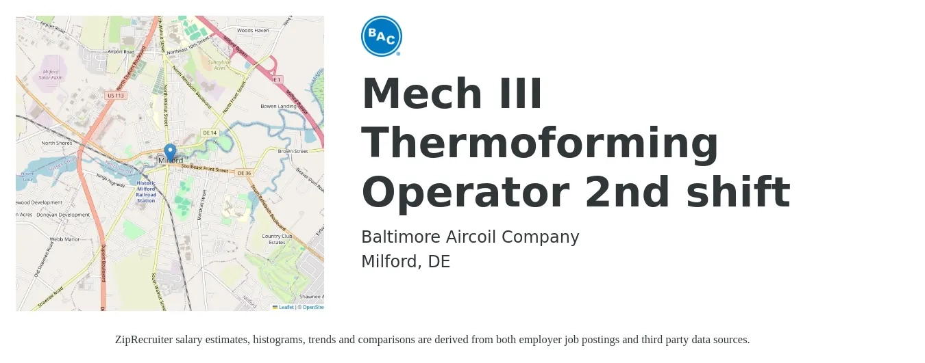 Baltimore Aircoil Company job posting for a Mech III Thermoforming Operator 2nd shift in Milford, DE with a salary of $16 to $20 Hourly with a map of Milford location.