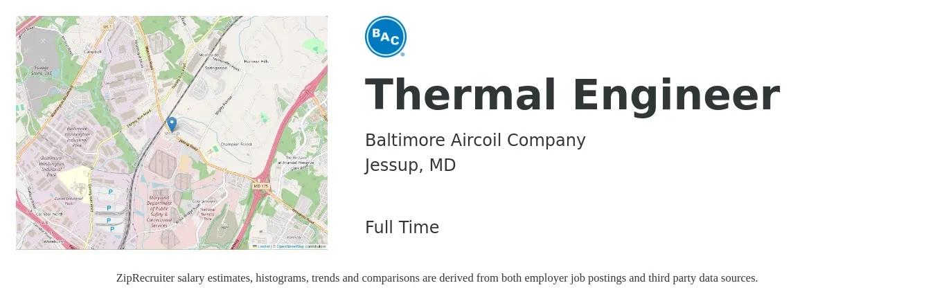 Baltimore Aircoil Company job posting for a Thermal Engineer in Jessup, MD with a salary of $82,300 to $132,700 Yearly with a map of Jessup location.