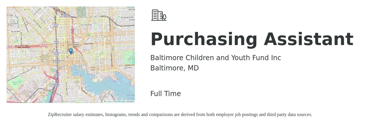Baltimore Children and Youth Fund Inc job posting for a Purchasing Assistant in Baltimore, MD with a salary of $19 to $24 Hourly with a map of Baltimore location.