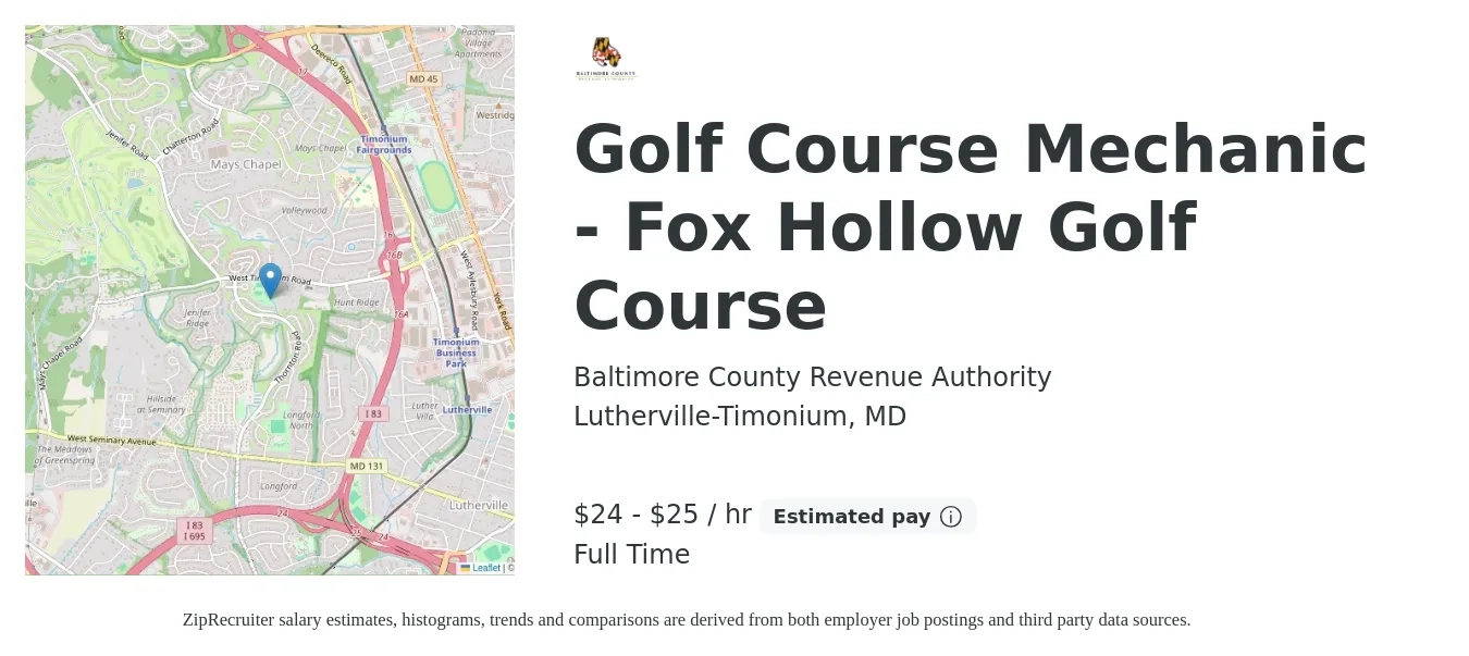 Baltimore County Revenue Authority job posting for a Golf Course Mechanic - Fox Hollow Golf Course in Lutherville-Timonium, MD with a salary of $25 to $27 Hourly with a map of Lutherville-Timonium location.