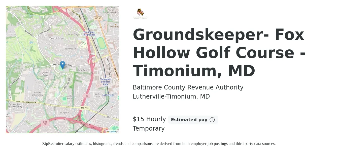 Baltimore County Revenue Authority job posting for a Groundskeeper- Fox Hollow Golf Course - Timonium, MD in Lutherville-Timonium, MD with a salary of $16 Hourly with a map of Lutherville-Timonium location.