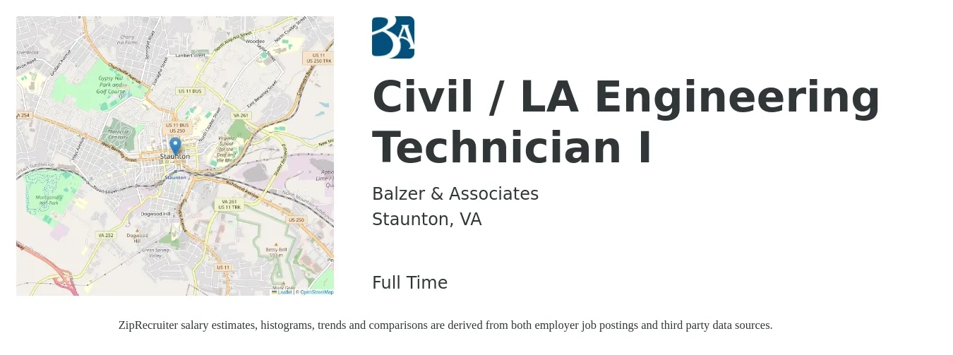 Balzer & Associates job posting for a Civil / LA Engineering Technician I in Staunton, VA with a salary of $21 to $28 Hourly with a map of Staunton location.
