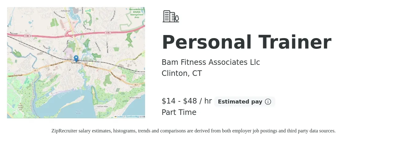 Bam Fitness Associates Llc job posting for a Personal Trainer in Clinton, CT with a salary of $15 to $50 Hourly with a map of Clinton location.
