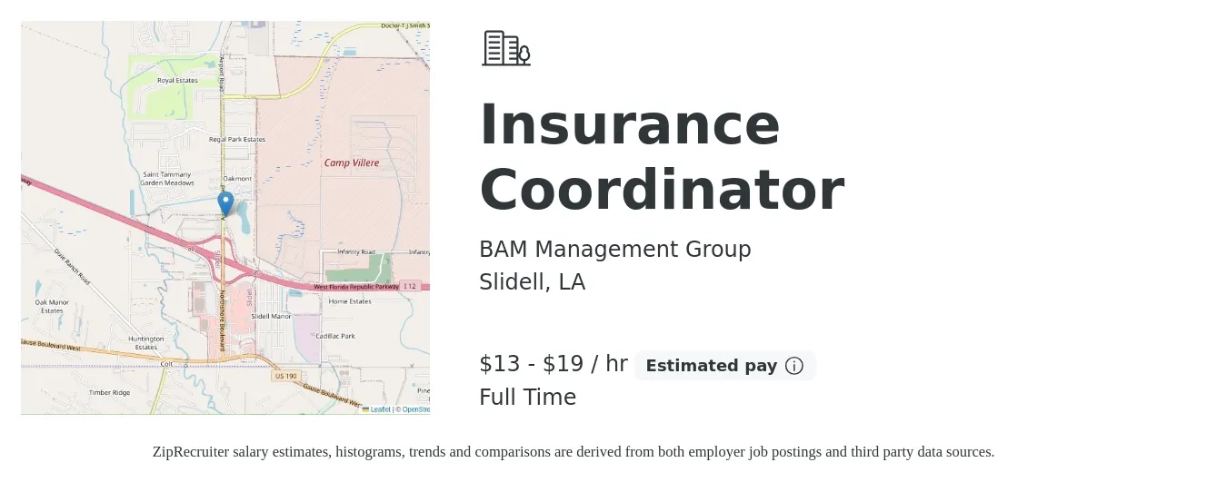 BAM Management Group job posting for a Insurance Coordinator in Slidell, LA with a salary of $14 to $20 Hourly with a map of Slidell location.
