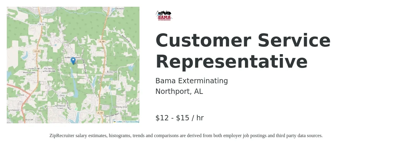 Bama Exterminating Company job posting for a Customer Service Representative in Northport, AL with a salary of $13 to $16 Hourly with a map of Northport location.