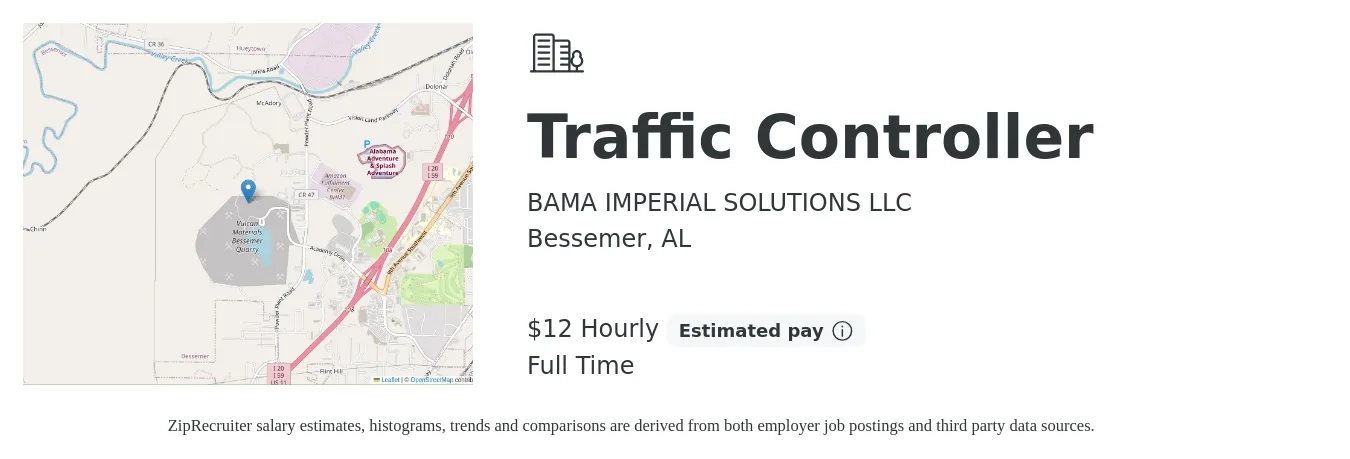 BAMA IMPERIAL SOLUTIONS LLC job posting for a Traffic Controller in Bessemer, AL with a salary of $13 Hourly with a map of Bessemer location.