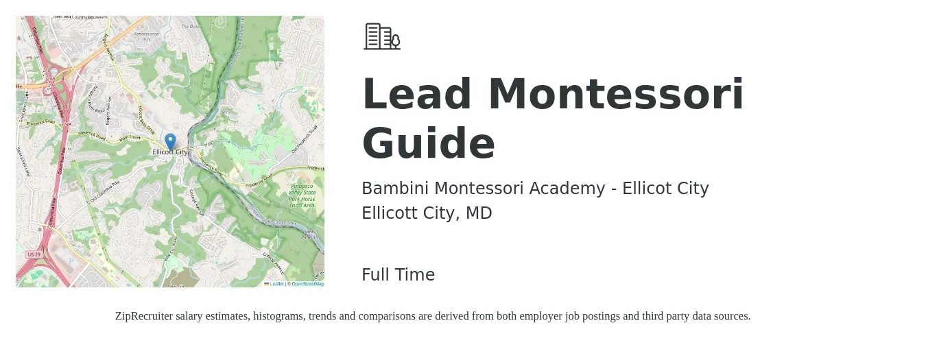 Bambini Montessori Academy - Ellicot City job posting for a Lead Montessori Guide in Ellicott City, MD with a salary of $15 to $20 Hourly with a map of Ellicott City location.