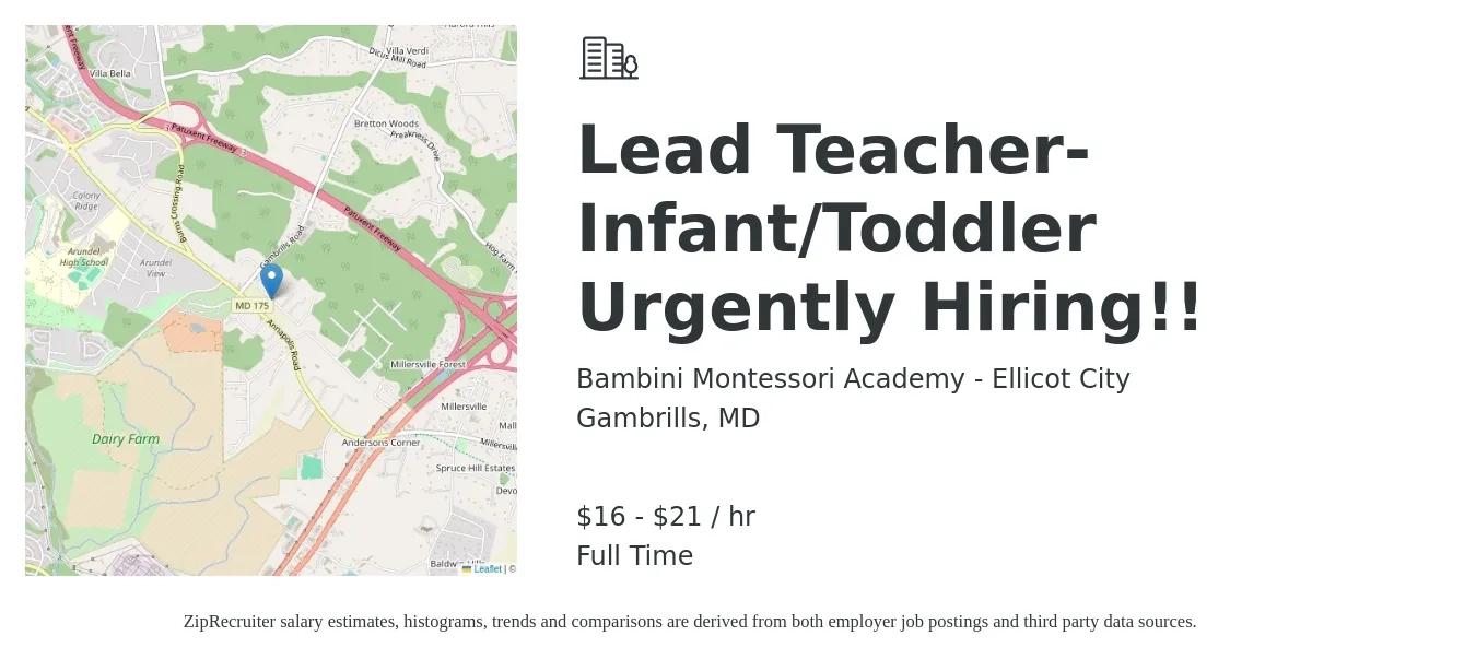 Bambini Montessori Academy - Ellicot City job posting for a Lead Teacher- Infant/Toddler Urgently Hiring!! in Gambrills, MD with a salary of $17 to $22 Hourly with a map of Gambrills location.
