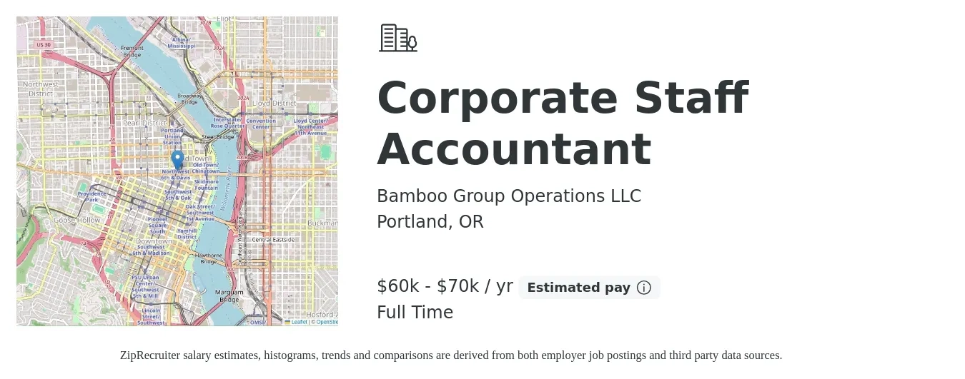 Bamboo Group Operations LLC job posting for a Corporate Staff Accountant in Portland, OR with a salary of $60,000 to $70,000 Yearly with a map of Portland location.