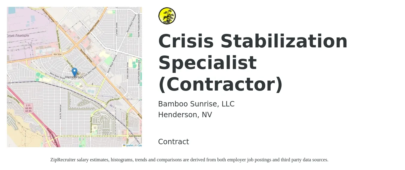 Bamboo Sunrise, LLC job posting for a Crisis Stabilization Specialist (Contractor) in Henderson, NV with a salary of $25 Hourly with a map of Henderson location.