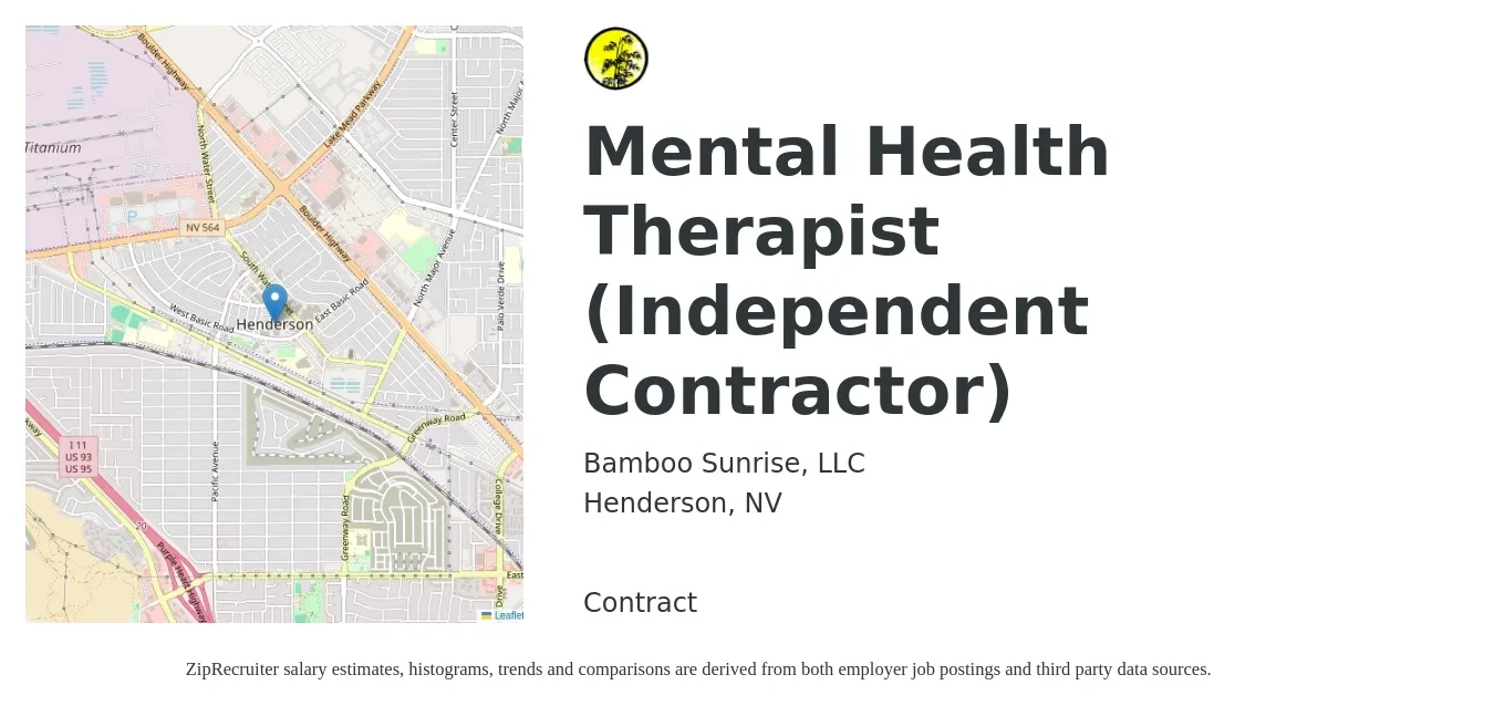 Bamboo Sunrise, LLC job posting for a Mental Health Therapist (Independent Contractor) in Henderson, NV with a salary of $50 Hourly with a map of Henderson location.
