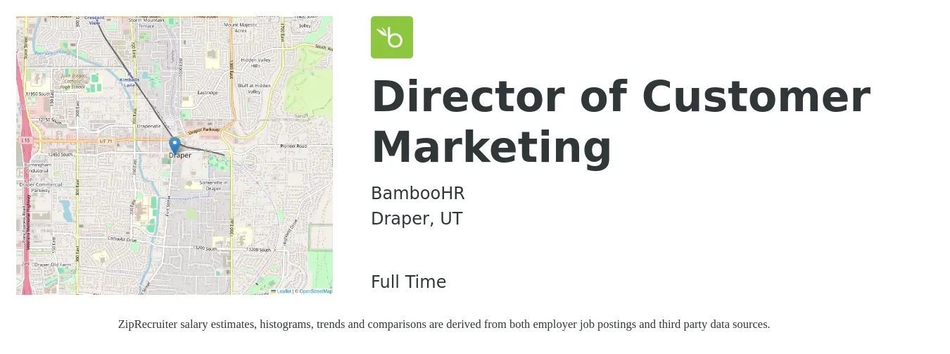 BambooHR job posting for a Director of Customer Marketing in Draper, UT with a salary of $95,800 to $136,000 Yearly with a map of Draper location.