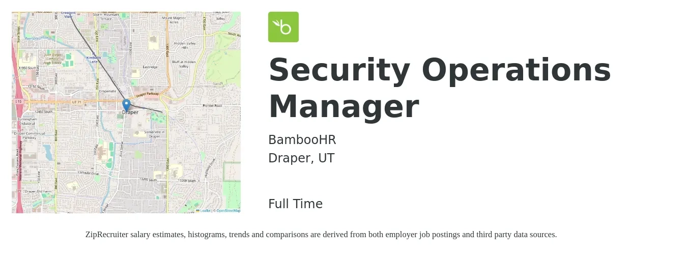 BambooHR job posting for a Security Operations Manager in Draper, UT with a salary of $48,600 to $94,000 Yearly with a map of Draper location.