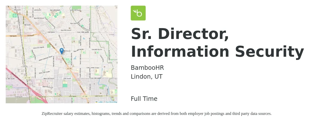 BambooHR job posting for a Sr. Director, Information Security in Lindon, UT with a salary of $112,800 to $134,900 Yearly with a map of Lindon location.