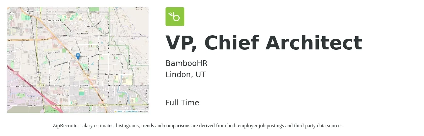 BambooHR job posting for a VP, Chief Architect in Lindon, UT with a salary of $135,300 to $175,900 Yearly with a map of Lindon location.