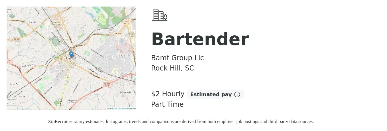 Bamf Group Llc job posting for a Bartender in Rock Hill, SC with a salary of $2 to $2 Hourly (plus commission) with a map of Rock Hill location.