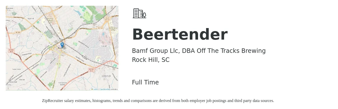 Bamf Group Llc, DBA Off The Tracks Brewing job posting for a Beertender in Rock Hill, SC with a salary of $8 to $16 Hourly with a map of Rock Hill location.