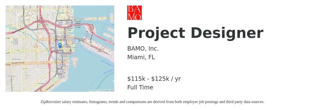 BAMO, Inc. job posting for a Project Designer in Miami, FL with a salary of $115,000 to $125,000 Yearly with a map of Miami location.