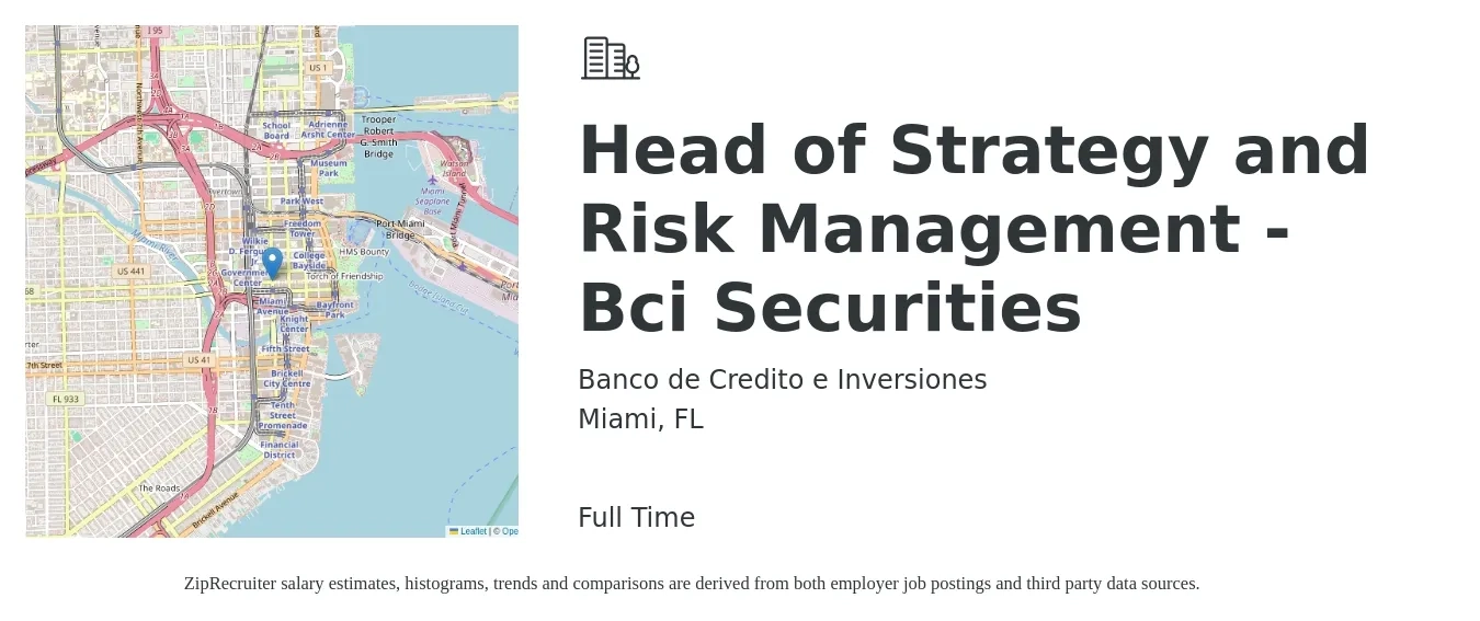 Banco de Credito e Inversiones job posting for a Head of Strategy and Risk Management - Bci Securities in Miami, FL with a salary of $100,900 to $160,200 Yearly with a map of Miami location.