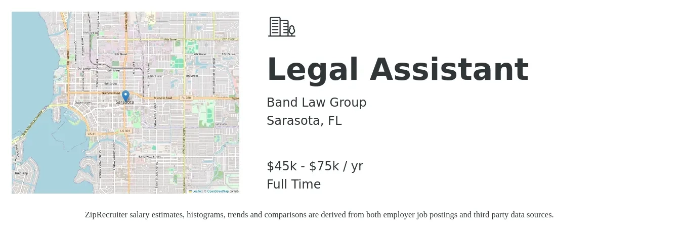 Band Law Group job posting for a Legal Assistant in Sarasota, FL with a salary of $45,000 to $75,000 Yearly with a map of Sarasota location.