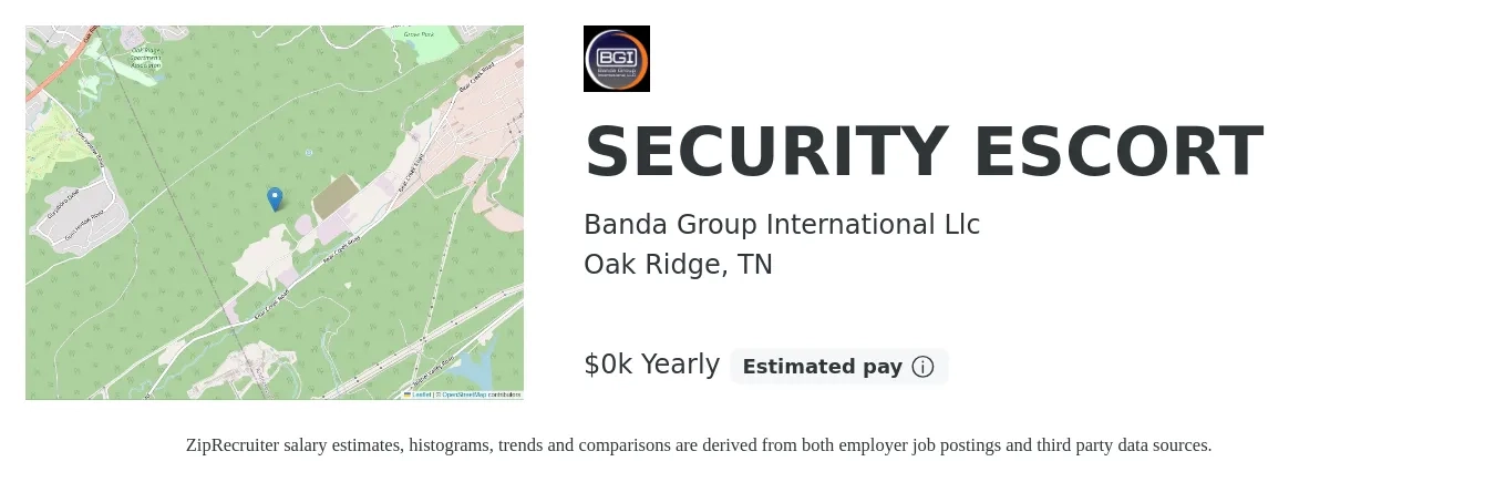 Banda Group International Llc job posting for a SECURITY ESCORT in Oak Ridge, TN with a salary of $20 to $22 Yearly with a map of Oak Ridge location.