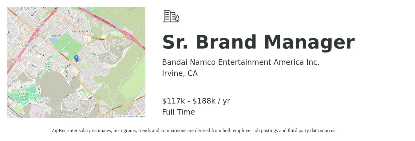 Bandai Namco Entertainment America Inc. job posting for a Sr. Brand Manager in Irvine, CA with a salary of $117,062 to $188,687 Yearly with a map of Irvine location.