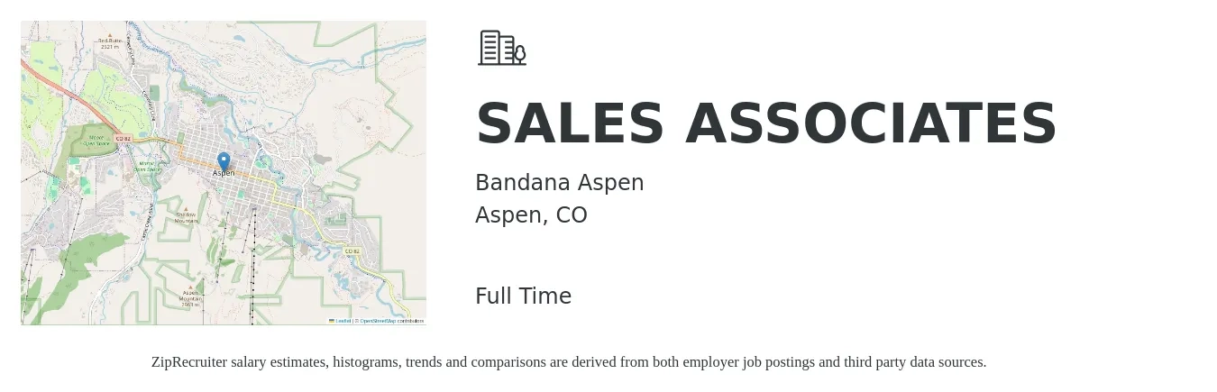 Bandana Aspen job posting for a SALES ASSOCIATES in Aspen, CO with a salary of $17 to $23 Hourly with a map of Aspen location.