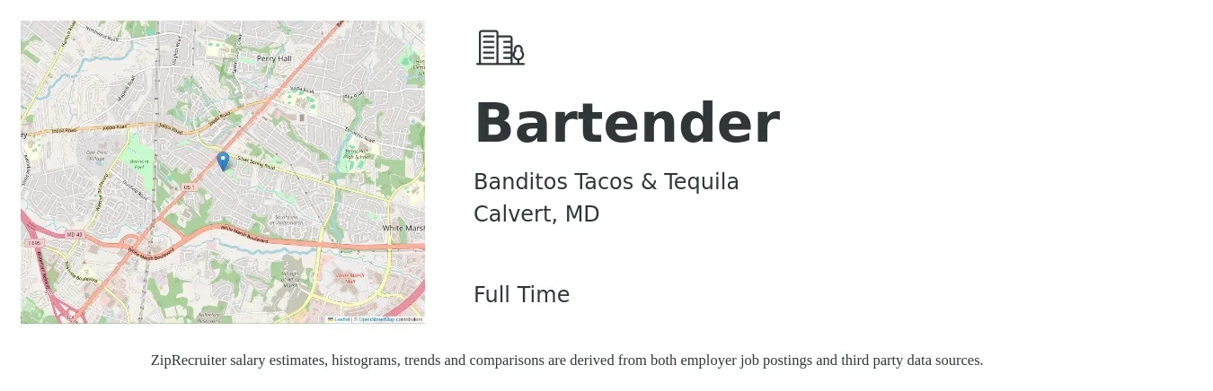 Banditos Tacos & Tequila job posting for a Bartender in Calvert, MD with a salary of $10 to $18 Hourly with a map of Calvert location.