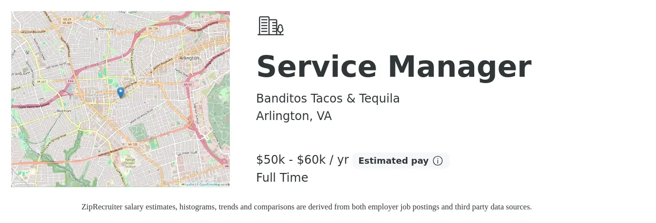 Banditos Tacos & Tequila job posting for a Service Manager in Arlington, VA with a salary of $50,000 to $60,000 Yearly with a map of Arlington location.