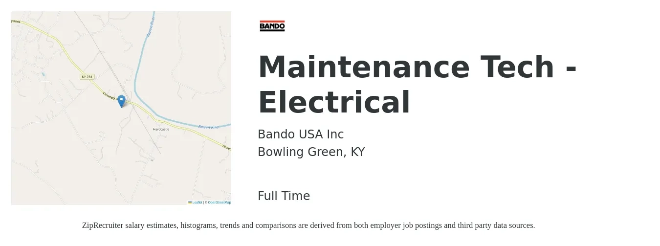 Bando USA Inc job posting for a Maintenance Tech - Electrical in Bowling Green, KY with a salary of $26 to $34 Hourly with a map of Bowling Green location.