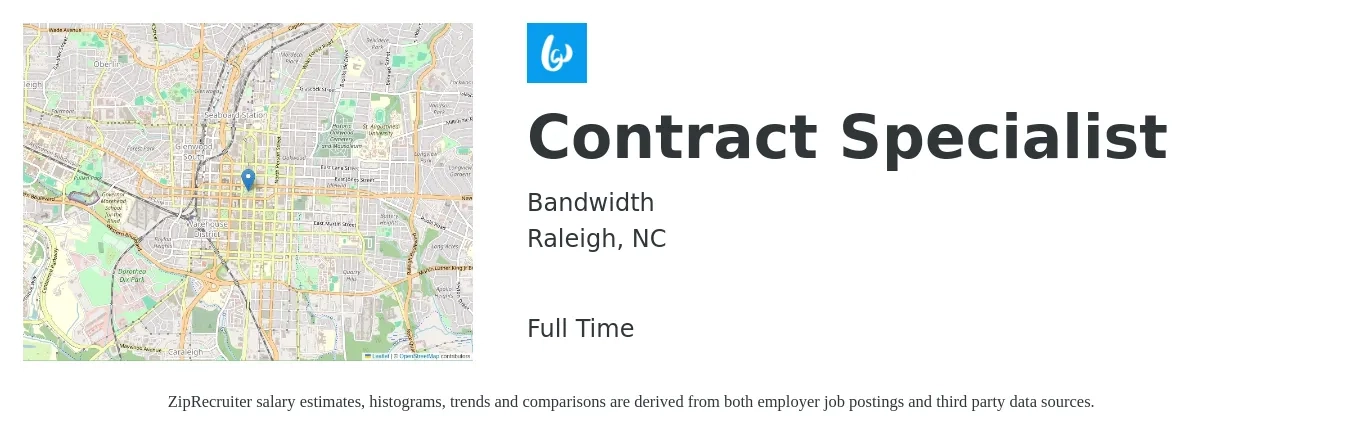 Bandwidth job posting for a Contract Specialist in Raleigh, NC with a salary of $55,400 to $95,800 Yearly with a map of Raleigh location.