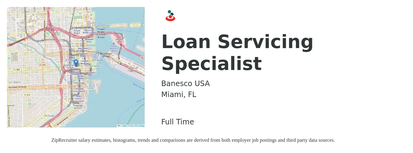 Banesco USA job posting for a Loan Servicing Specialist in Miami, FL with a salary of $19 to $29 Hourly with a map of Miami location.