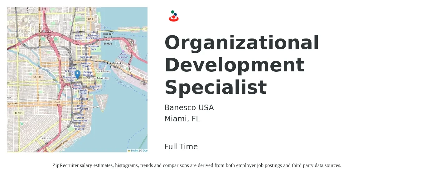 Banesco USA job posting for a Organizational Development Specialist in Miami, FL with a salary of $49,300 to $94,700 Yearly with a map of Miami location.