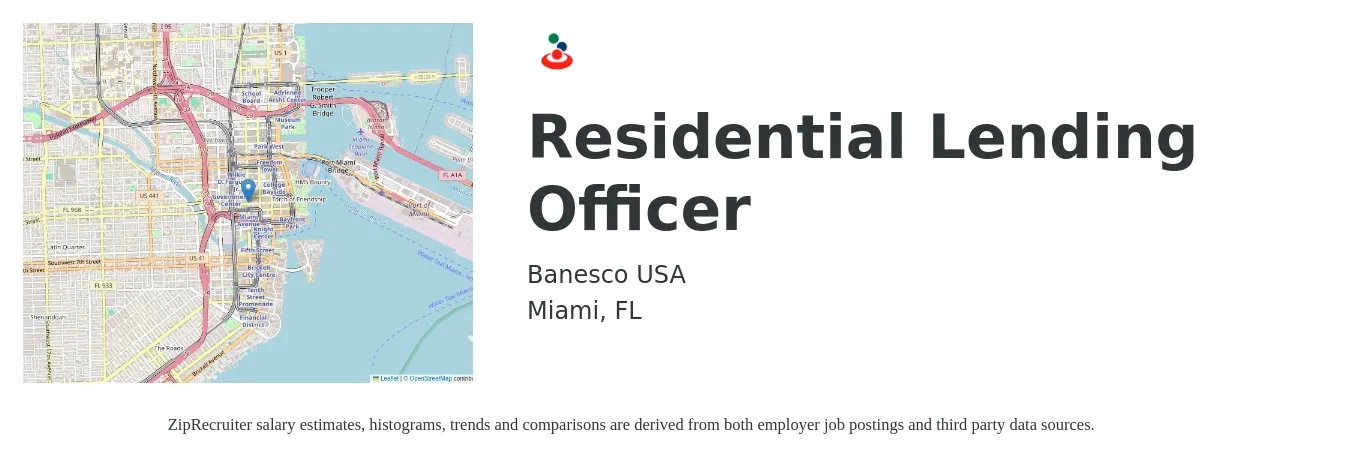 Banesco USA job posting for a Residential Lending Officer in Miami, FL with a salary of $1,750 to $5,140 Monthly with a map of Miami location.