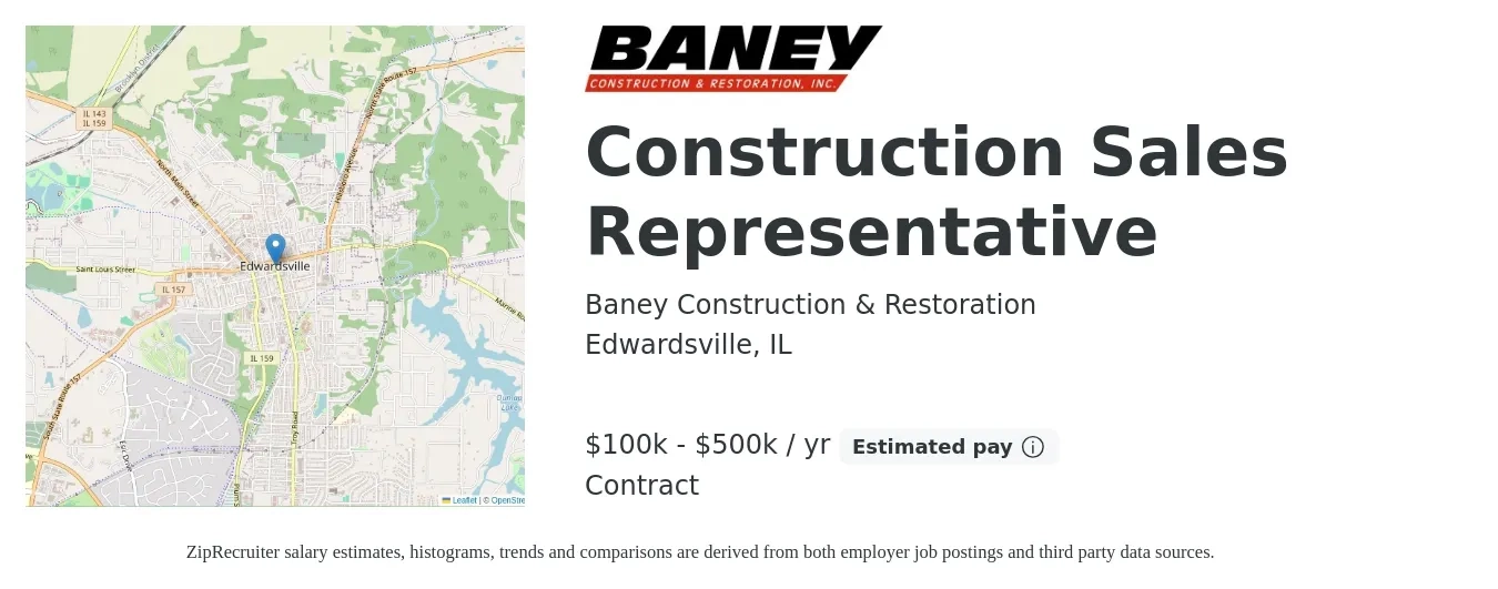 Baney Construction & Restoration job posting for a Construction Sales Representative in Edwardsville, IL with a salary of $100,000 to $500,000 Yearly with a map of Edwardsville location.