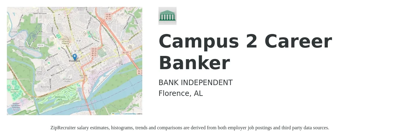 BANK INDEPENDENT job posting for a Campus 2 Career Banker in Florence, AL with a salary of $16 to $20 Hourly with a map of Florence location.