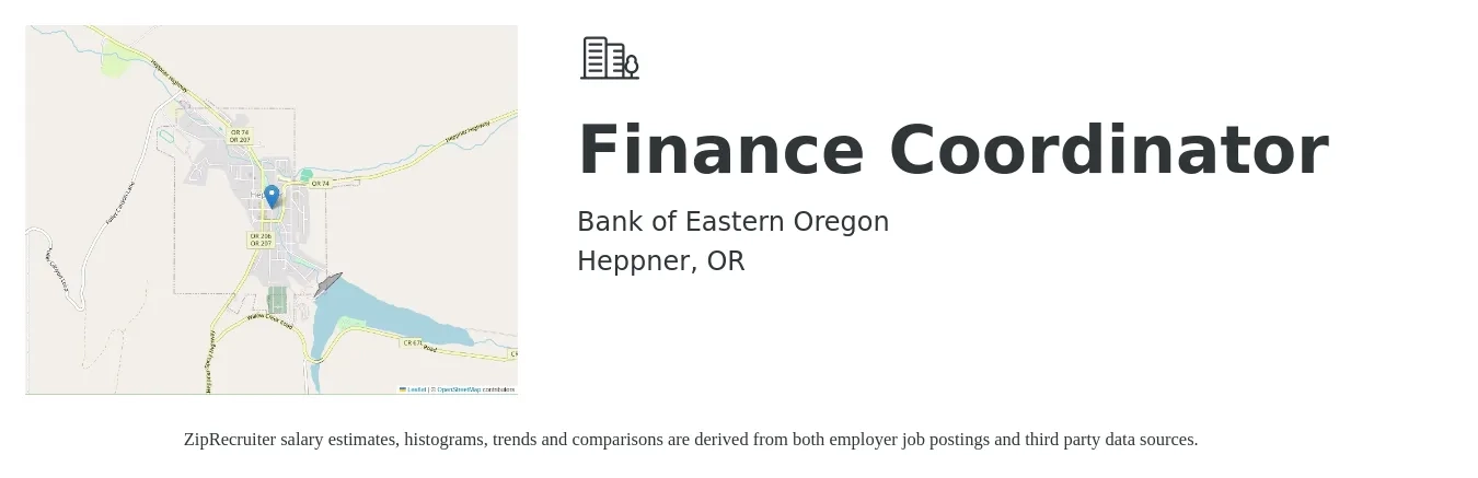Bank of Eastern Oregon job posting for a Finance Coordinator in Heppner, OR with a salary of $23 to $27 Hourly with a map of Heppner location.