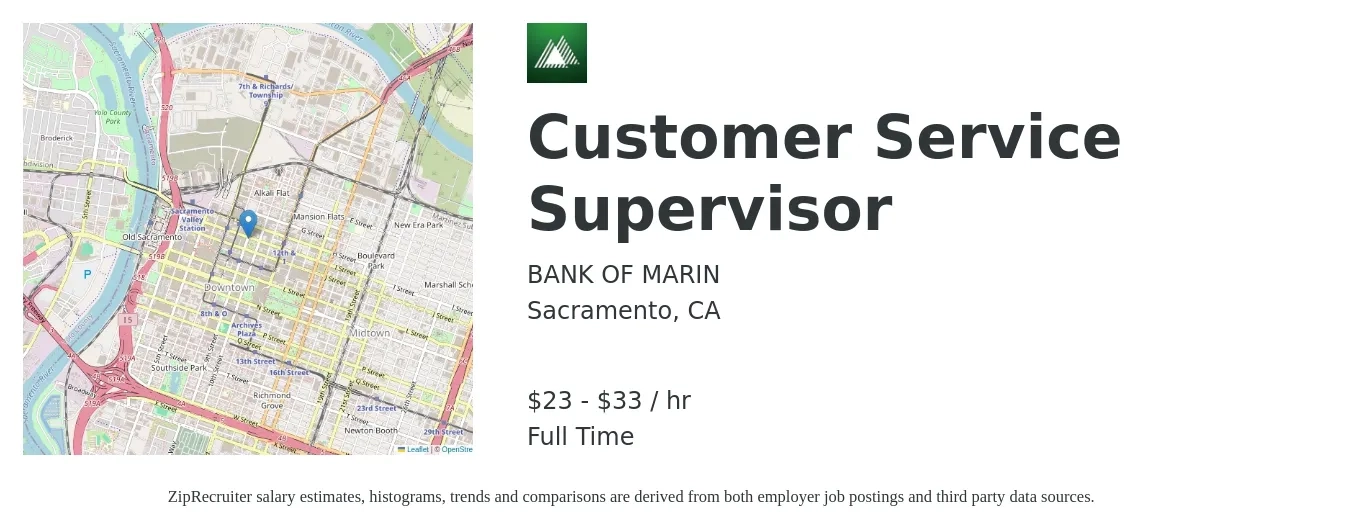 BANK OF MARIN job posting for a Customer Service Supervisor in Sacramento, CA with a salary of $25 to $35 Hourly with a map of Sacramento location.