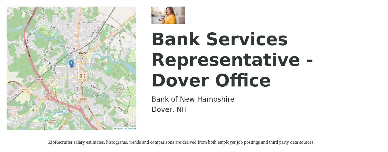 Bank of New Hampshire job posting for a Bank Services Representative - Dover Office in Dover, NH with a salary of $17 to $24 Hourly with a map of Dover location.