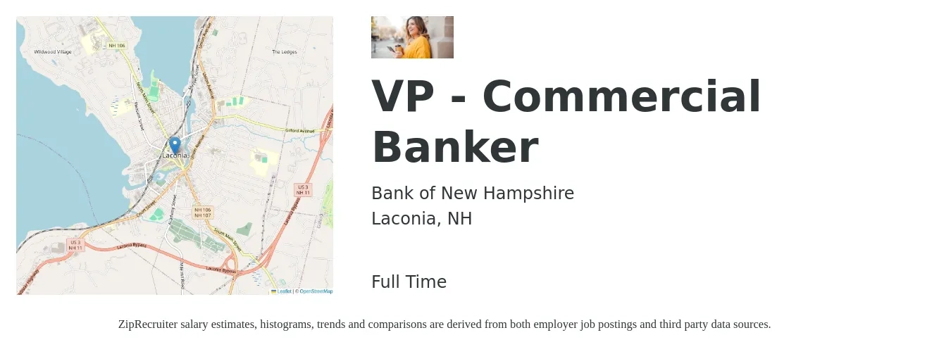 Bank of New Hampshire job posting for a VP - Commercial Banker in Laconia, NH with a salary of $113,500 to $184,800 Yearly with a map of Laconia location.