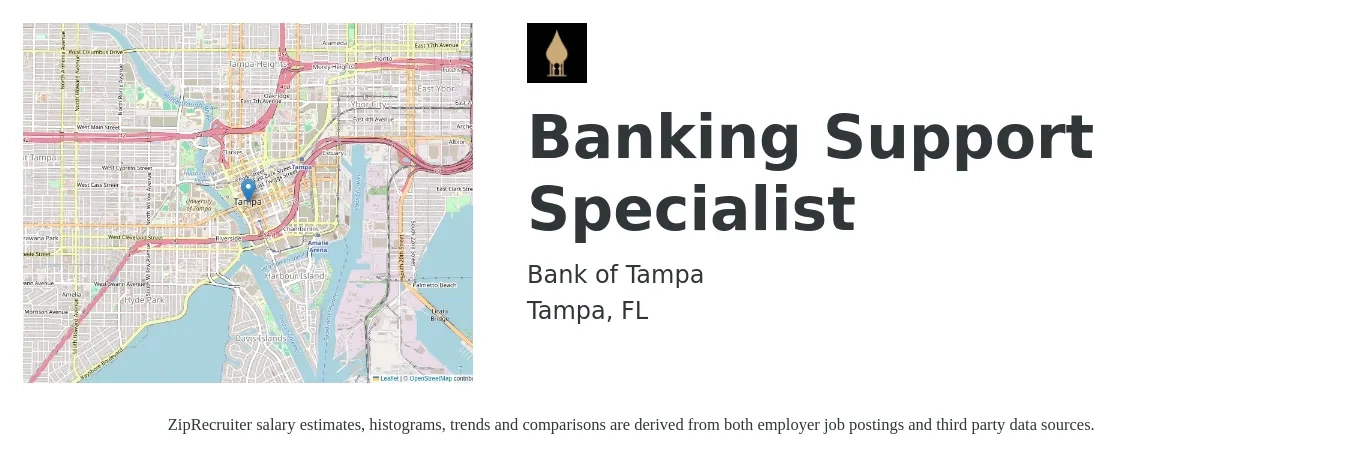 Bank of Tampa job posting for a Banking Support Specialist in Tampa, FL with a salary of $17 to $24 Hourly with a map of Tampa location.