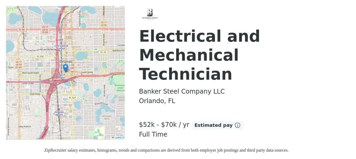 Banker Steel Company LLC job posting for a Electrical and Mechanical Technician in Orlando, FL with a salary of $52,000 to $70,000 Yearly with a map of Orlando location.