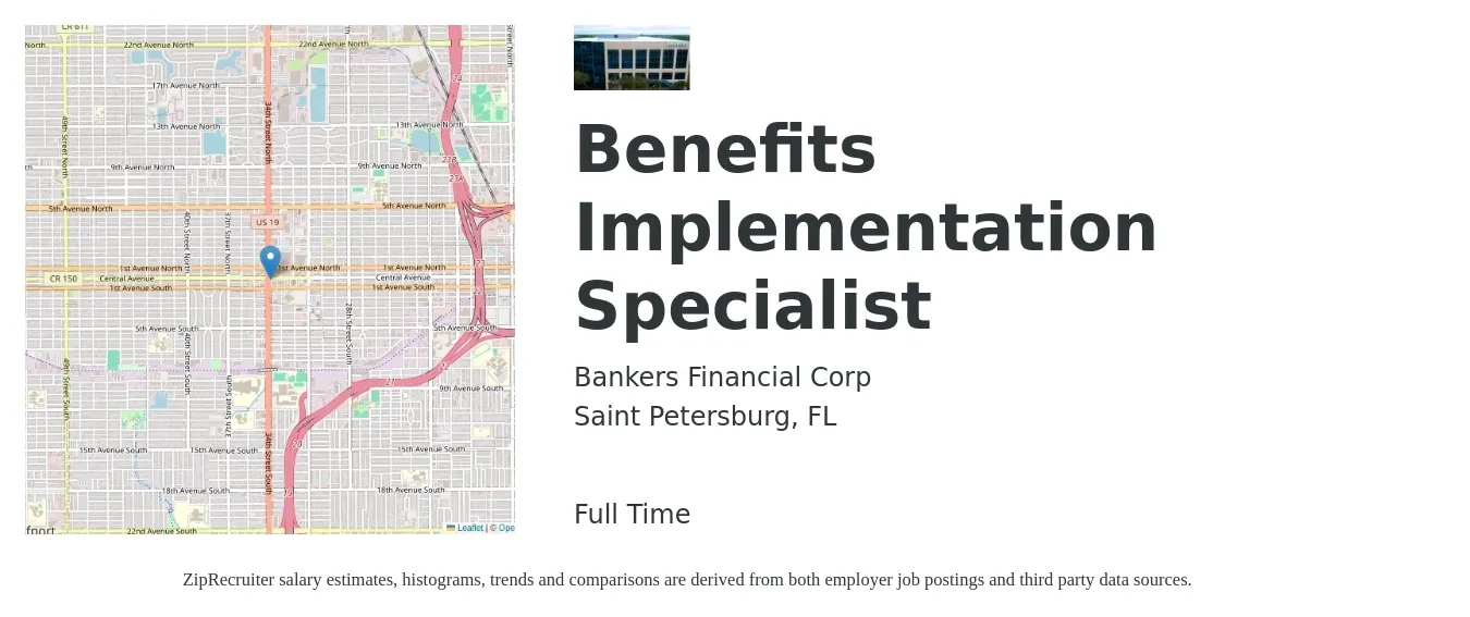 Bankers Financial Corp job posting for a Benefits Implementation Specialist in Saint Petersburg, FL with a salary of $25 to $34 Hourly with a map of Saint Petersburg location.