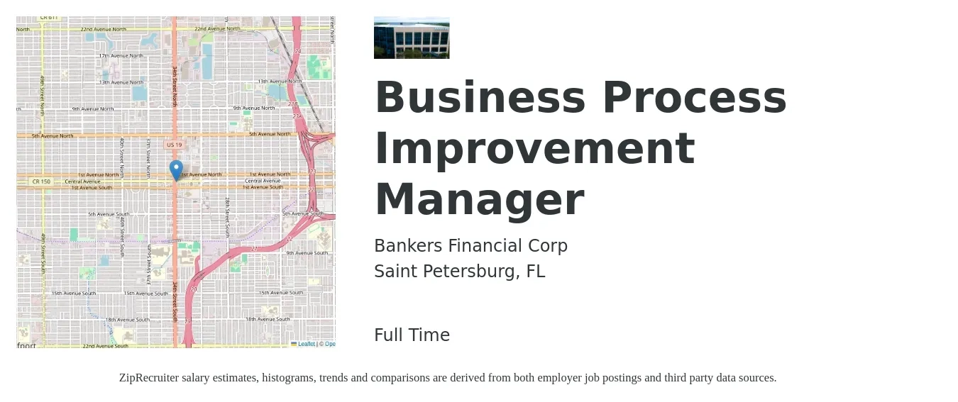 Bankers Financial Corp job posting for a Business Process Improvement Manager in Saint Petersburg, FL with a salary of $95,500 to $147,000 Yearly with a map of Saint Petersburg location.