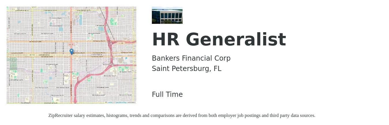 Bankers Financial Corp job posting for a HR Generalist in Saint Petersburg, FL with a salary of $49,200 to $70,000 Yearly with a map of Saint Petersburg location.